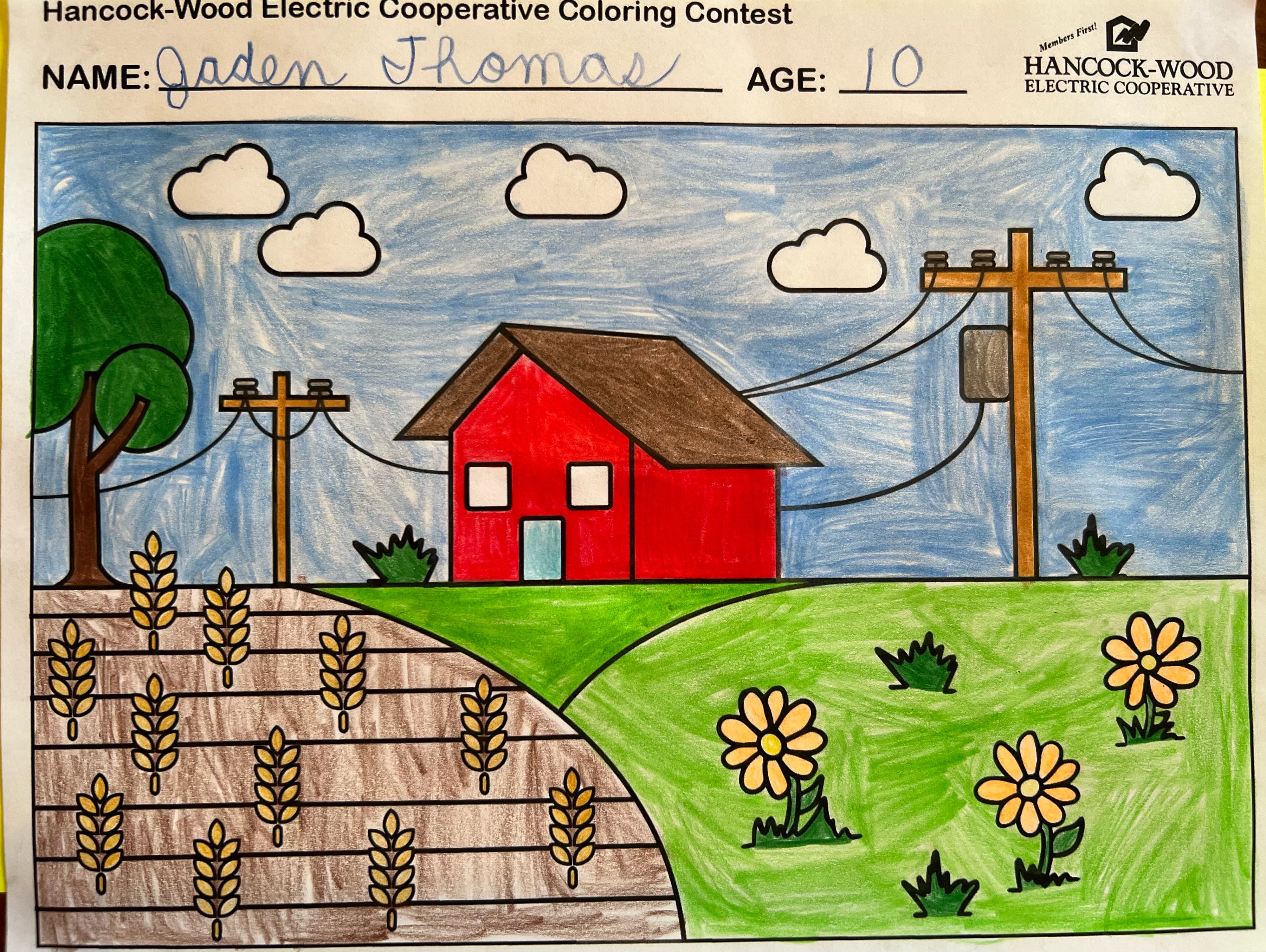 A coloring page of a house, field, flowers, and utility poles. 