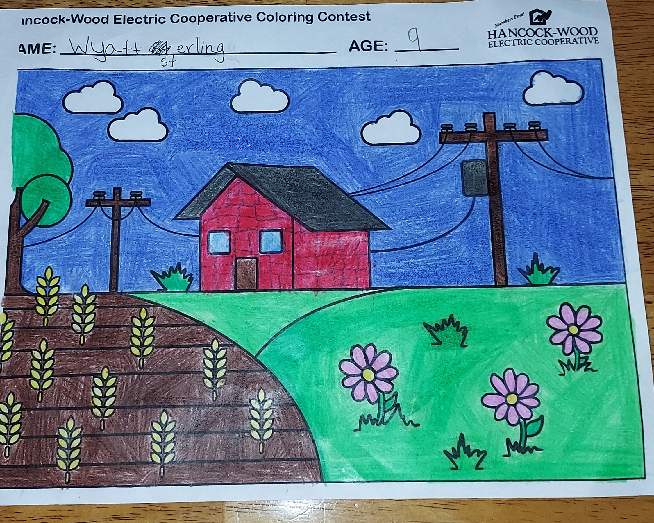 A coloring page of a house, field, flowers, and utility poles. 