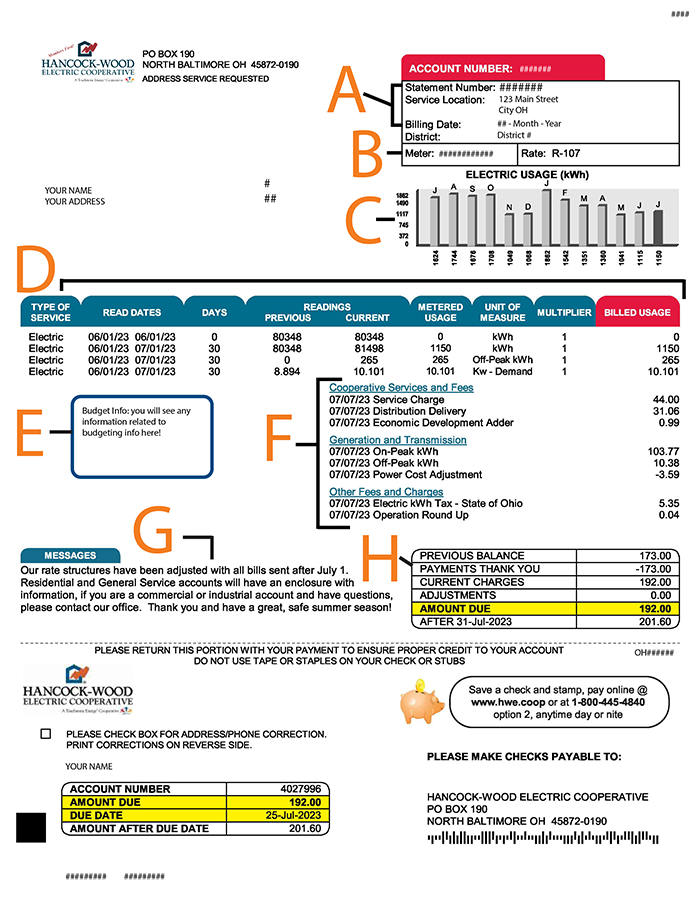 An example electric bill. For more assistance in understanding your bill, please call 800-445-4840